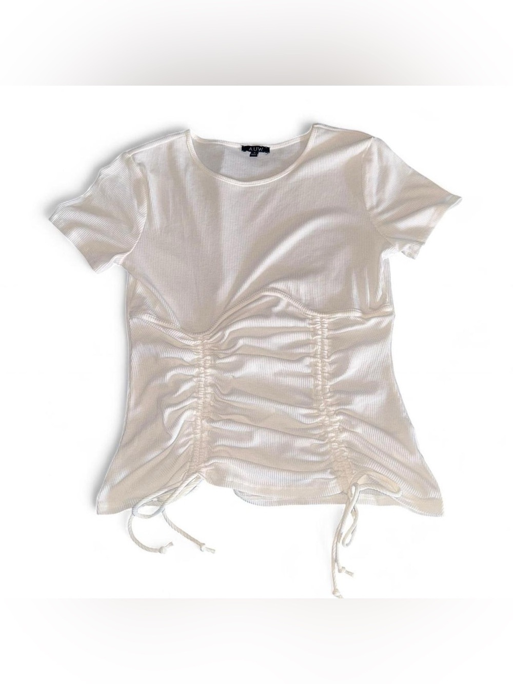 AUW White Ruched Short Sleeve Ribbed Tee with Drawstrings